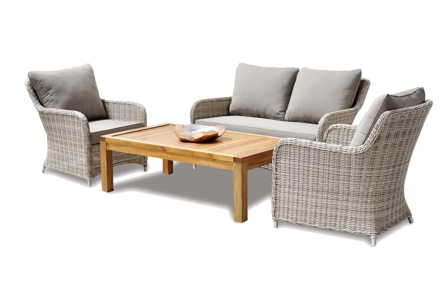 Grey rattan lounge set with coffee table